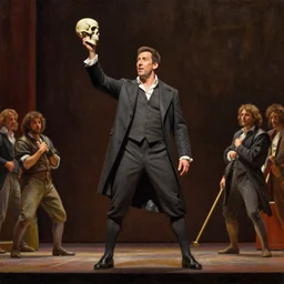 thespian adam sandler atop the theater stage brandishing a skull hamlet play theatre oil painting brad rigney alexandre benois giotto maximilian pirner
