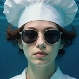 extreme close up woman portrait, chef hat on top of head, wearing sunglasses, under water, 8 k, art station, greg rutkowski, alphonse mucha, roger deakins