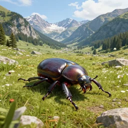 giant car sized beetle roams around the valley, photorealistic picture, mountains are visible, small patches of forest