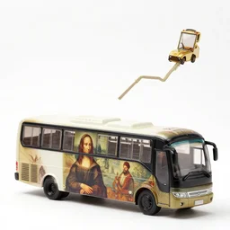 short evolution history from small toy car to big coach bus, painting, Leonardo fa Vinci style
