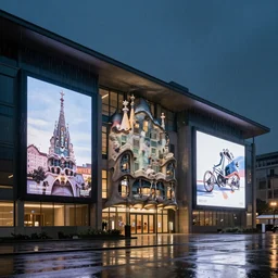 mercedes exhibition center exterior at night with rain with large screens designed by antoni gaudi, and concept art