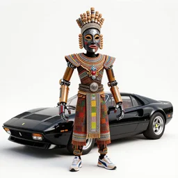 Maya render of colorful - Burkina Faso Sancri Mask Festival - masquerade,Costume embellished with chrome and tooth crown cork bottle caps,Giant mech arms in Mehrdad Malek design style,Wearing Puma RS-Z sneakers,Standing next to black Ferrari 308 GTS,White backdrop,Concept Art - Gareth Davies - Stanley_X52,