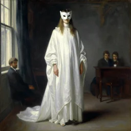 an oil painting of a tall person in flowing white robes wearing a white venetian carnival mask standing in a gloomy dark room with hazy sunlight streaming through the window, in the style of john singer sargent, greg rutkowski, maxfield parrish and alphonse mucha