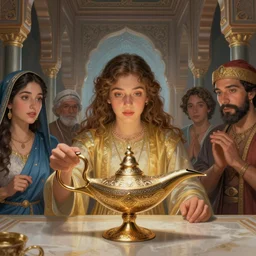 genie coming out of his lamp in the middle of a palace . by Ciryl Rolando, hyperrealistic illustration, digital art, 4k, very detailed faces