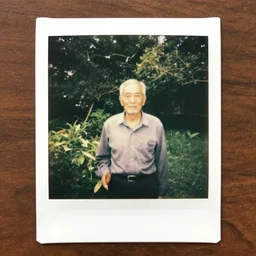 polaroid sample photo of an old man in a garden