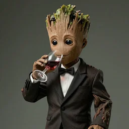 realistic groot as a gentleman wearing tuxedo drinking wine, 1 0 0 mm, photorealistic, movie shot, studio lighting, 8 k