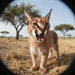fisheye photo of a caracal hissing