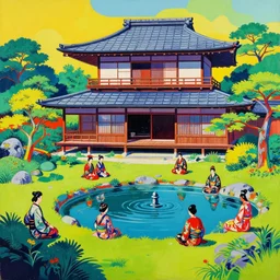 painting of a traditional japanese house with a garden, a pond in the garden, startroopers are sitting around the pond, a combination of pop art and traditional japanese painting styles, the style of andy warhol and jackie tsai, bright palette, acrylic on canvas