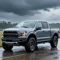 a hyper realistic photo of the driver side of a ford raptor in a rainstorm