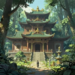 detailed concept art of an ancient temple in an magical forest by james gurney in the style of yoshitaka amano, depth of field, unreal engine, 8 k, sharpness, artstation, award - winning realistic sci - fi concept art, in the style of james gurney.