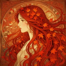 girl with super long hair, hair becoming autumn red leaves, intricate, digital painting, artstation, concept art, smooth, illustration, art by artgerm and greg rutkowski and alphonse mucha