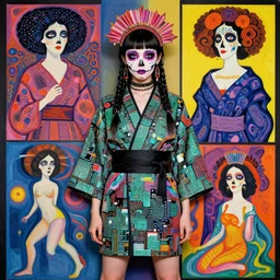 cute punk goth fashion hippy fractal Día de los Muertos android girl wearing kimono made of circits posing by Zhang Jingna, psychedelic dada collage by Hannah Höch Käthe Köllwitz Victor Moscoso Rick Griffin Alphonse Mucha Gustav Klimt Ayami Kojima Amano Charlie Bowater, masterpiece