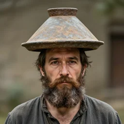 a middle aged man with a brown beard wearing a pot on his head