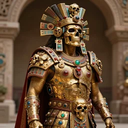 Ancient Aztec warlord wearing Gold plated armor adorned with jewels in the shape of skulls, 8k octane rendered, photo realistic, highly detailed, intricate