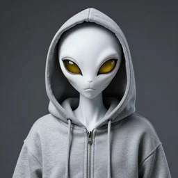 white alien with yellow cat eyes wearing grey hoodie