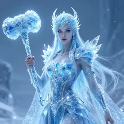 auril, goddess of winter, crystalline woman made of ice wielding a warhammer made of ice, digital art, trending on artstation, portrait
