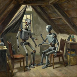android poete maudite, starving robot artist in a parisian garret, nineteenth - century domestic realism, oil on canvas