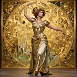 realistic detailed dramatic symmetrical portrait of female warior as Salome dancing, wearing an elaborate jeweled gown, by Alphonse Mucha and Gustav Klimt, gilded details, intricate spirals, coiled realistic serpents, Neo-Gothic, gothic, Art Nouveau, ornate medieval religious icon, long dark flowing hair spreading around her