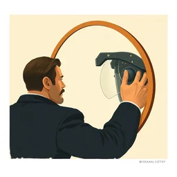 a man looking into a mirror, limited neutral palette, by pascal campion, petros afshar, anton fadeev, dean ellis, randolph stanley hewton, beautiful graphic, propaganda poster art 1 9 7 0 s illustrated advertising art, painterly design