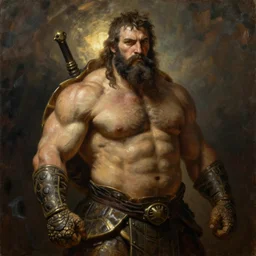 subject: muscular oversized tortoise warrior in medium shot backlight portrait, style:  very heavy textured rembrandt oil painting with dramatic light