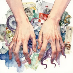hands with tentacle fingers artwork by yoshitaka amano, watercolors background, collage