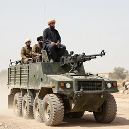 the taliban riding on top of tow mater with mounted machinegun, 4k