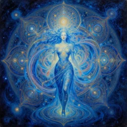 an overdetailed maximalist psychedelic visionary fullbody portrait artwork by cameron gray. mandala inspired motives in the background. cosmic ethereal arcane spiritual esoteric holy sacred artistic fineart painting. spiralling composition. influenced by igor goryunov. blue colorpalette. volumetric lights