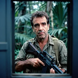 film still, extreme far view, george costanza, jungle, vietnam door gunner, apocalypse now, associated press, 2 6 mm, kodak ektachrome, blue tint expired film