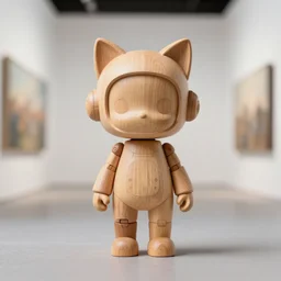 8 k octan, advertising, highly detailed, photo, a totally wooden figurine collectible art toys wooden on feet, very cute minimalist cyborg zen with cat ears, cyberpunk a contemporary art gallery, symetrical, masterpiece, nofinito, design