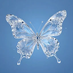beautiful delicate watery flowing splashing shapeless crystal emperor butterfly photo, blue background, small drops splash, trending on artstation, digital art