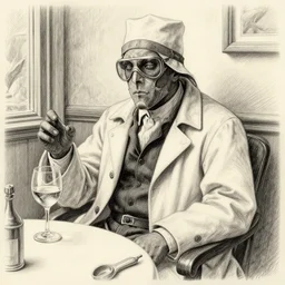 detailed pencil illustration of a plague doctor sitting in a restaurant with a glass of wine