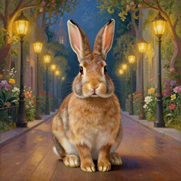 a beautiful painting of a rabbit, centered, looking into the camera, on a hardwoord floor street with warm streetlights in a magical art nouveau city with many flowers and trees, highly detailed, smooth, sharp focus, intricate, fantasy, trending on artstation, elegant, detailed rabbit in the middle, by Thomas Kinkade