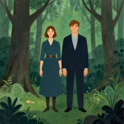 a man and a woman standing in a forest, a illustration art by robert lenkiewicz and magali villeneuve, deviantart, fantasy art, official art, matte drawing, poster art