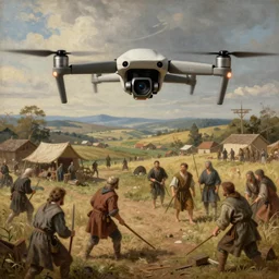A painting of (((DJI Mavic drone))) attack peasant, medieval graphic, high detailed, museum archive