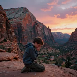 award winning cinematic still of a young boy praying in zion national park, rock formations, colorful sunset, epic, cinematic lighting, dramatic angle, heartwarming drama directed by Steven Spielberg