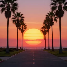 Californian beach landscape with palmtrees and a sunset, large sunset, cinematic, synthwave style, rendered by simon stålenhag, rendered by Beeple, Makoto Shinkai, syd meade, environment concept, digital art, unreal engine, 3 point perspective, WLOP, trending on artstation, low level, 4K UHD image, octane render,