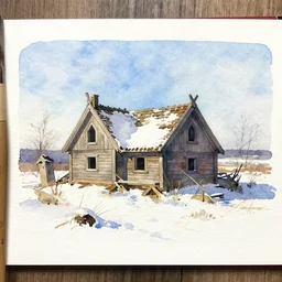 small centered on watercolor paper, paint brush strokes, abstract watercolor painting of ancient viking house ruins ( ( in snow ) ), daylight, blue sky, cinematic light, national romanticism by hans dahl, by jesper ejsing, by anders zorn, by greg rutkowski, by greg manchess, by tyler edlin