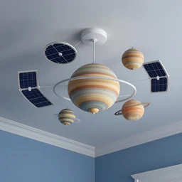solar system ceiling mobile hanging from a blue room as seen from a low perspective, phong shading