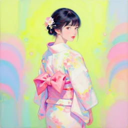 beautiful acrylic painting by ren hang and yuyuko takemiya, vibrant neon pastel, yukata