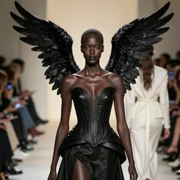 beautifully lit portrait photo of extremely beautiful woman who is a black statue with crow wings on her head, the statue is wearing avant garde comme de garcon haute couture, avant garde, matthew williams, givenchy, balenciaga, yohji yamamoto, japanese avant garde fashion, fashion, paris, runway, collection, beautifully lit, glossy, hd, 4 k, 8 k, extremely clear focus, sharp, award winning fashion photograph