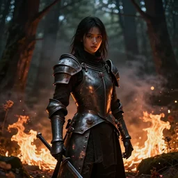 a knight among flowers in dark forest surrounded by fire and smoke, moody, rim light, dynamic lighting, cinematic shot, gritty, ultra - detail, renderman, physically based render, gerald moira, ayami kojima, amano, greg hildebrandt, ann long, and mark brooks