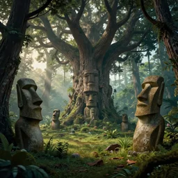 detailed intricate digital landscape illustration by greg rutkowski and artgerm and wlop and sanford robinson gifford ; moai statue in yggdrasil forest thick trees ; 1 3 mm film still, wide angle arri alfa anamorphic lens, motion blur ; sharp focus, soft evening lighting with gleaming sun rays ; trending on artstation 4 k