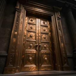 a huge door made of bronze, bronze material, dark and spectacular atmosphere ， super wide angle ， matte painting ， rtx on ， by james paick and jan urschel ， trending on cgsociety and artstation, unreal engine ， volumetric light ， surreal