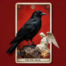 beautiful digital fantasy illustration of a black bird with a red background, poster art by victo ngai, vanitas, wiccan, tarot card, angel sitting on a rock, abyssal warmth, detail texture, unreal engine, 8 k, photographic quality, ultra hyper realistic quality