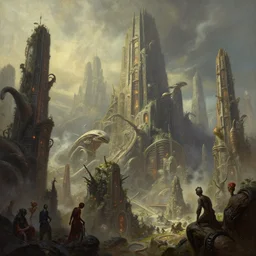 a beautiful matte painting of a stunning alien cityscape, d & d, fantasy, greg rutkowski, frank frazetta, james gurney, boris vallejo, michael whelan, donato giancola, trending on artstation,