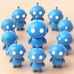 12 small blue robots with cute faces and bright white eyes looking at the camera