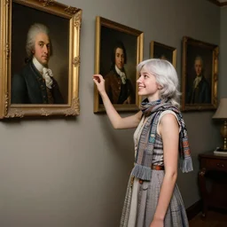 a teen curator with light white hair and ref scarf, cheerful, modern fashion dress from the year 1 9 9 9, is ( ( looking at portraits on a wall ) ). light dust, magnificent, hyperdetailed, theatrical, painted by jean honore fragonard