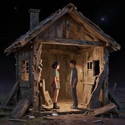 two lovers leave each other inside wooden broken house by simon stålenhag, rendered by Beeple, by Makoto Shinkai, syd meade, starwars, space art concept, digital art, unreal engine, WLOP, trending on artstation, 4K UHD image, octane render,