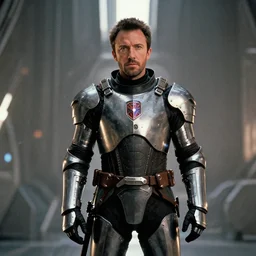 still frame from a movie, medium shot of ben affleck in a 22th century cyberknight suit, centerframe, scifi background, rule of third, alexa 65, cooke prime 25mm, cinematic, film grain, flare