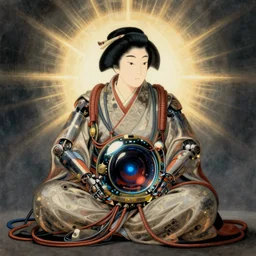 Kuniyoshi portrait of a robot saint made of cables and robotic pod